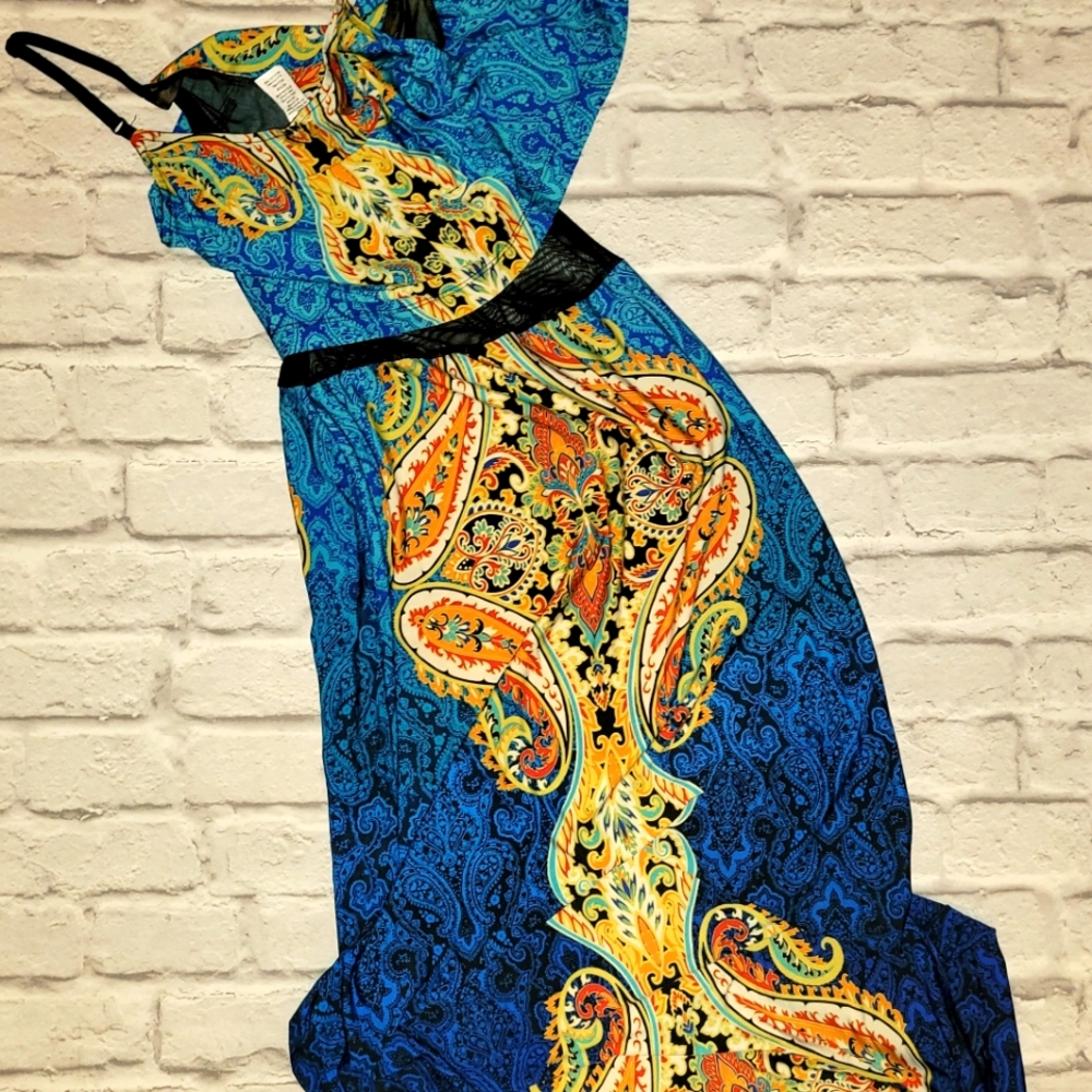 Stilletto blue yellow orange maxi dress with mesh center size medium
